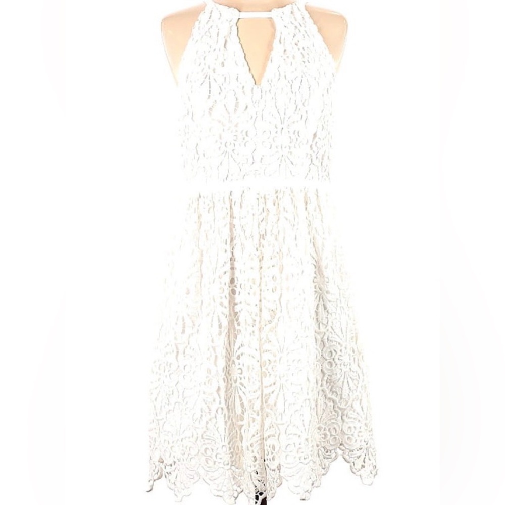 💟 Adrianna Papell White Lace Halter Fit-and-Flare Dress